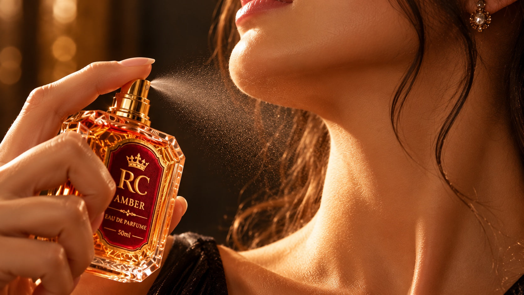 RC Amber 50 ml Eau de Parfum being sprayed in warm golden light